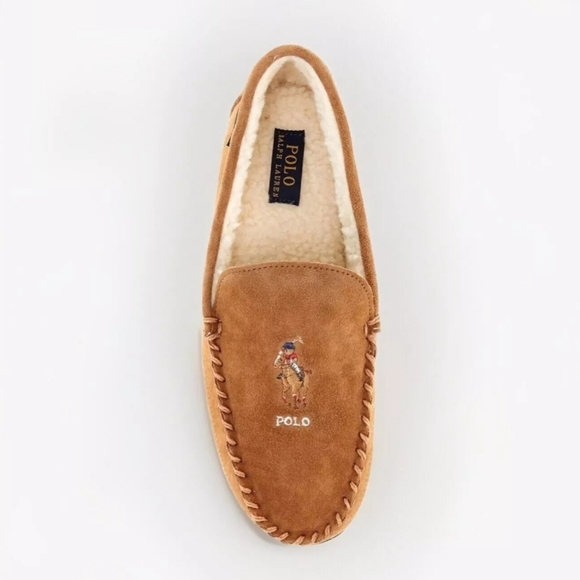 Polo Ralph Lauren Chaise Bear Moccasin Faux Fur Leather Slippers NEW 9 10